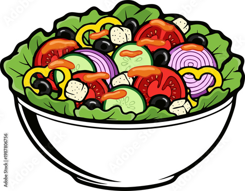 Salad Bowl with Fresh Vegetables and Dressing Illustration Healthy Vibrant Meal