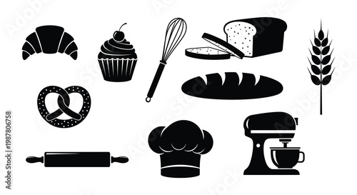 Black and white illustration of various baking ingredients and tools