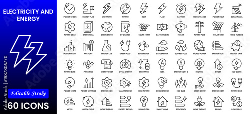 Electricity, electric power line, light, light bulb and electrical equipment.Outline icon collection. Conceptual pictogram and infographic.