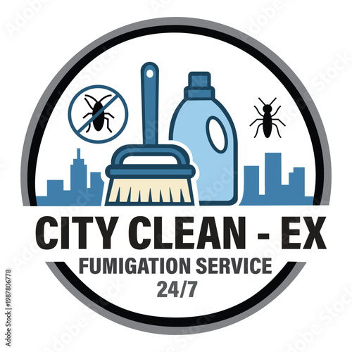 City Clean-Ex Fumigation Service Logo with Broom Detergent Bottle and Insect Icons for Pest Control and Residential Cleaning Illustration