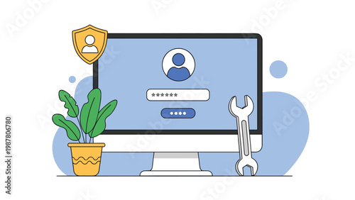 Desktop computer screen displaying a login interface with a password field and a security shield icon for account protection.