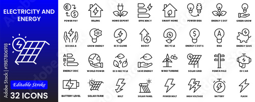 Electricity, electric power line, light, light bulb and electrical equipment.Outline icon collection. Conceptual pictogram and infographic.