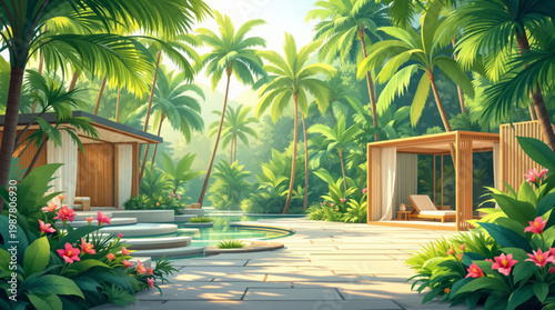 Exotic tropical resort with pool and scenic waterfalls. Luxury resort featuring waterfall pool surrounded by tropical flora. Resort pool with lush greenery and natural waterfalls