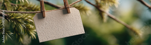 Empty Tag on a Branch: A blank tag, elegantly suspended from a slender branch by tiny clothespins, offers a moment of contemplative quietude amidst the natural world.