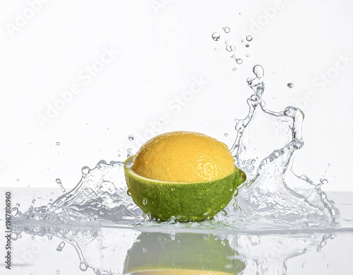 Juicy lemon halves in watercolor with splash effect, bright and refreshing on a white background.