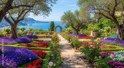Beautiful Garden Path Leading to Scenic Coastal View.