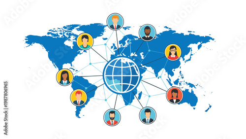 Global networking concept showing people connected across different continents on a blue world map flat illustration.
