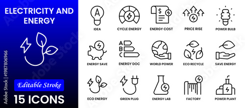 Electricity, electric power line, light, light bulb and electrical equipment.Outline icon collection. Conceptual pictogram and infographic.