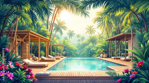 Luxury tropical resort with relaxing pool and outdoor cabana. Tropical escape with outdoor cabana and refreshing poolside. Exotic pool with relaxing cabanas in a tropical resort