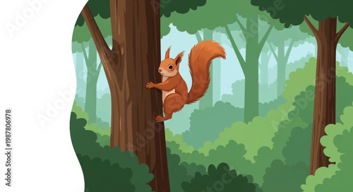 Digital illustration of a red squirrel with a bushy tail climbing a brown tree trunk in a dense green forest with layered foliage, trees, and soft natural lighting background.