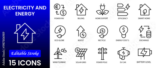 Electricity, electric power line, light, light bulb and electrical equipment.Outline icon collection. Conceptual pictogram and infographic.