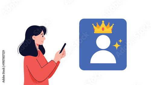 Young woman using smartphone to view a premium user profile icon with a golden crown and sparkling stars elements.