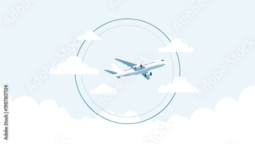 Commercial airplane flying through white clouds in the blue sky within a circular frame symbolizing air travel and aviation.
