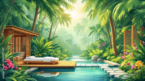 Luxury tropical spa pavilion beside serene lagoon in lush palms. Exotic wellness retreat deck above calm canal amid vibrant foliage. Peaceful resort cabana with floating platform and emerald garden