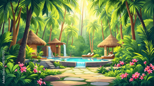 Jungle resort with tranquil pool and cozy cabana for relaxation. Tropical escape with cabanas and scenic pool in a jungle setting. Lush jungle resort with cabanas and relaxing pool area
