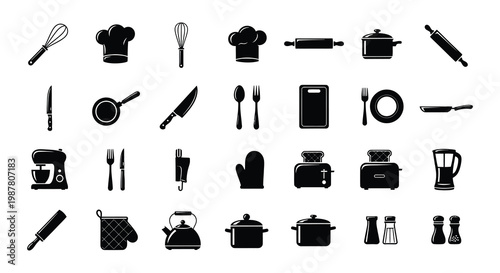 Black and white illustration of various baking ingredients and tools
