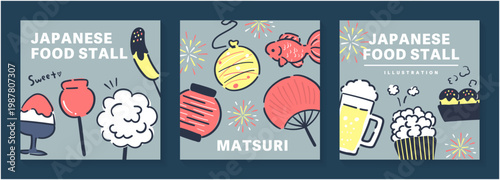 グレートーン背景に屋台フードと祭り小物をレイアウトした夏祭りの手描き風スクエアカードデザイン3点