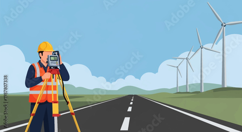 Flat vector illustration of a male surveyor using a total station on a tripod to measure a road, with wind turbines and green hills in the background under a blue sky.