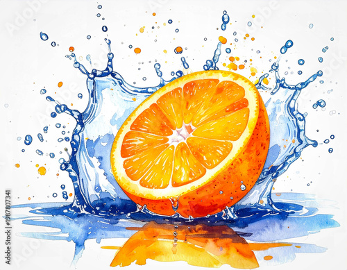 Fresh orange watercolor with water splashes, vibrant and natural illustration on a white background.