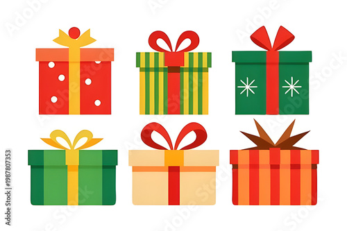 Colorful Christmas Gift Boxes Collection with Ribbons and Bows Illustration