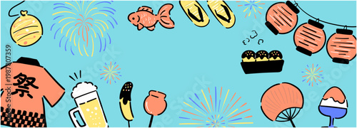 水色背景に祭り屋台の食べ物と小物を大きく配置した明るくポップな夏祭りの横長手描き風バナーイラスト