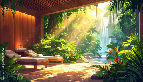 Open air treatment terrace facing misty falls and rich greenery. Elegant massage haven beneath warm beams beside flowing stream. Deluxe retreat platform with twin loungers in secluded paradise