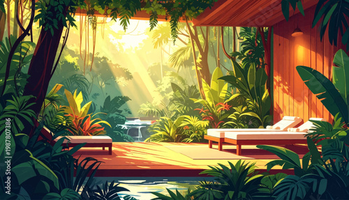 Golden forest veranda for tranquil therapy near distant cascade. Sunlit jungle lounge framed by vines, timber, and quiet water. Radiant sanctuary patio for premium relaxation within dense tropics