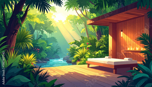 Intimate riverside cabin with candles, deck, and soothing foliage. Minimal therapy nook overlooking clear current under soft dawn. Cozy wellness corner for private escape among verdant shadows