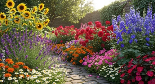 Beautiful Garden Path Lined with Colorful Flowers and Plants.