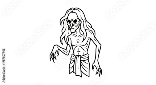 Scary Emaciated Ghostly Figure with Long Hair and Tattered Cloth