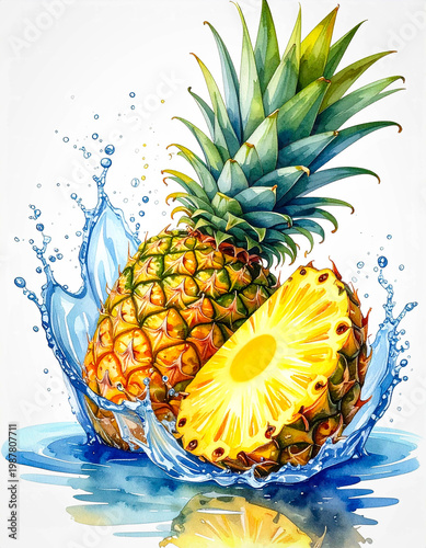 Hand-painted pineapple slices with dynamic splash effect, tropical and juicy, isolated on white.