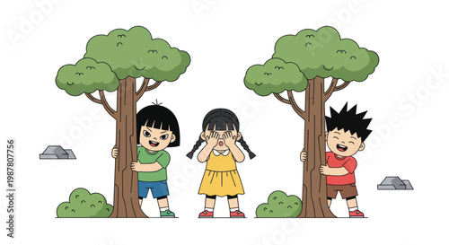 Children playing hide and seek behind trees, cartoon illustration