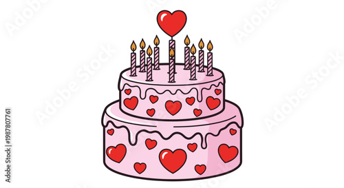 Two-Tiered Pink Cake with Red Hearts and Burning Candles, Valentine's Day Celebration