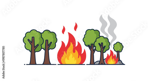 Forest fire with trees burning and smoke rising, environmental disaster concept