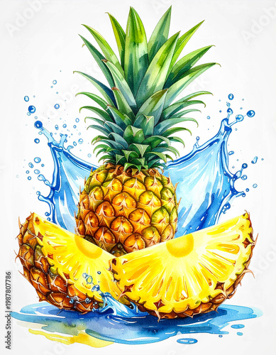 Watercolor split pineapple with fresh water splash, vibrant yellow tones, isolated on a clean white background.