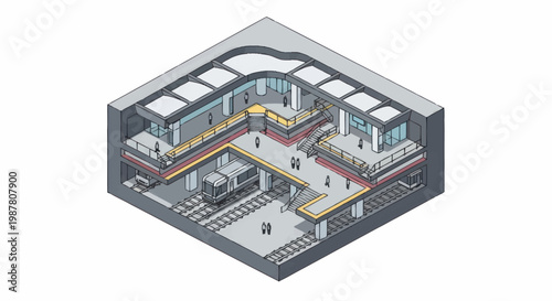 Isometric cross section of a modern shopping mall with people and escalators.