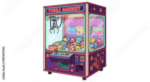 Pixel Art Claw Machine Game with Plush Toys, Arcade Entertainment