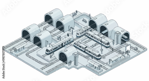 Futuristic underground train station with multiple platforms and trains.
