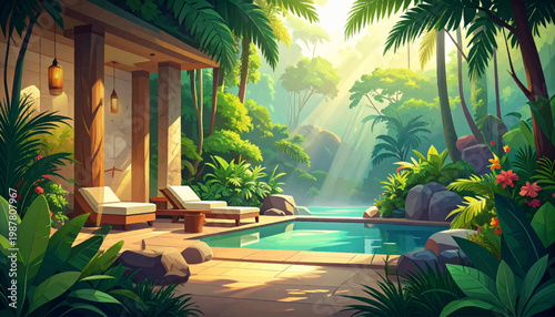 Luxury resort patio with stone columns and reflective pool. Serene tropical residence framed by boulders, palms, and loungers. Exclusive relaxation area overlooking quiet basin in wild greenery