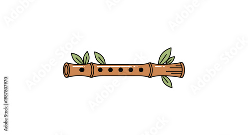Bamboo Flute with Green Leaves, Traditional Music Instrument, Isolated