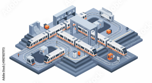 Modern train station with multiple trains on tracks.