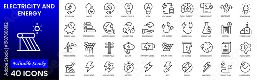 Electricity, electric power line, light, light bulb and electrical equipment.Outline icon collection. Conceptual pictogram and infographic.