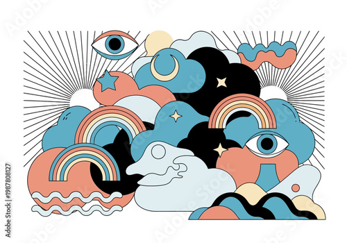 Retro Psychedelic Celestial Illustration with All-Seeing Eyes, Rainbows, and Clouds in a Groovy 70s Surreal Style