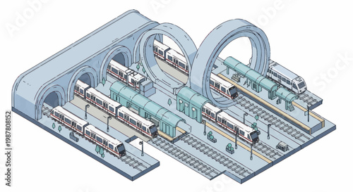 Modern high speed train station with multiple tracks and tunnels.