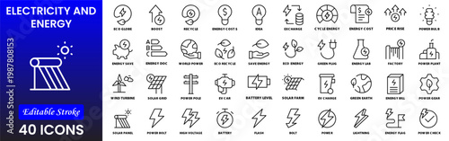 Electricity, electric power line, light, light bulb and electrical equipment.Outline icon collection. Conceptual pictogram and infographic.