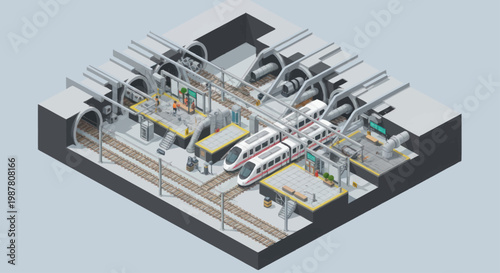 Modern high speed train station with multiple platforms and tracks.