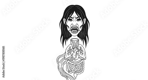 Creepy illustration of a detached head with fangs revealing internal organs and lungs