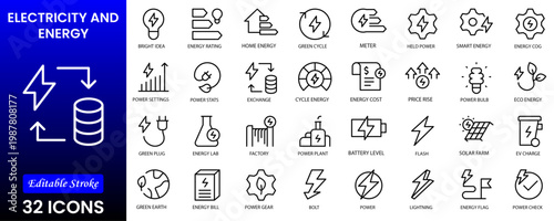 Electricity, electric power line, light, light bulb and electrical equipment.Outline icon collection. Conceptual pictogram and infographic.