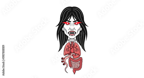 Horror Illustration: Demonic Face with Exposed Organs and Red Eyes