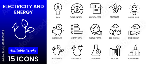 Electricity, electric power line, light, light bulb and electrical equipment.Outline icon collection. Conceptual pictogram and infographic.
